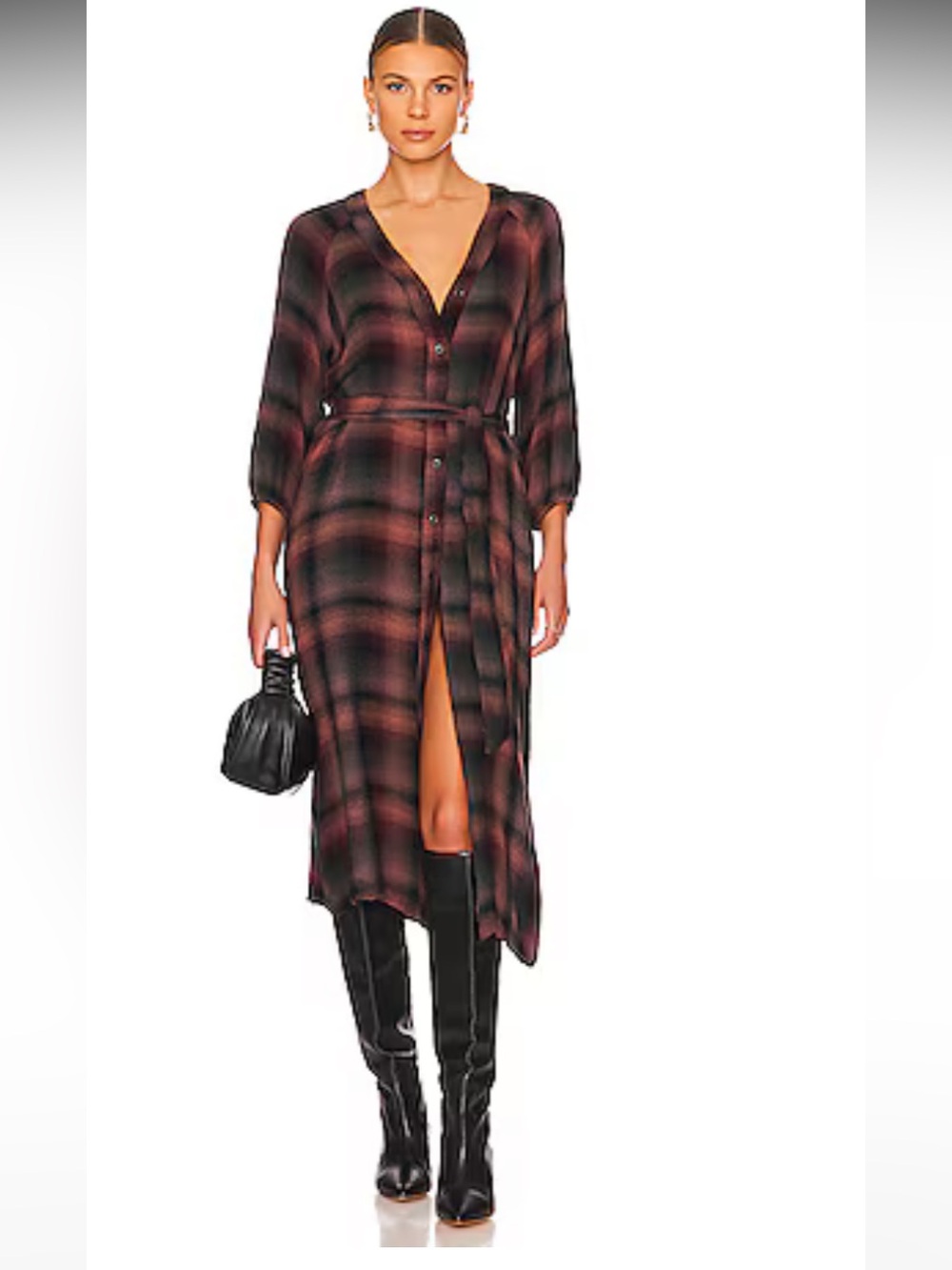 Bella Dahl Button Down Midi Dress in Canyon Pucker Plaid Size L